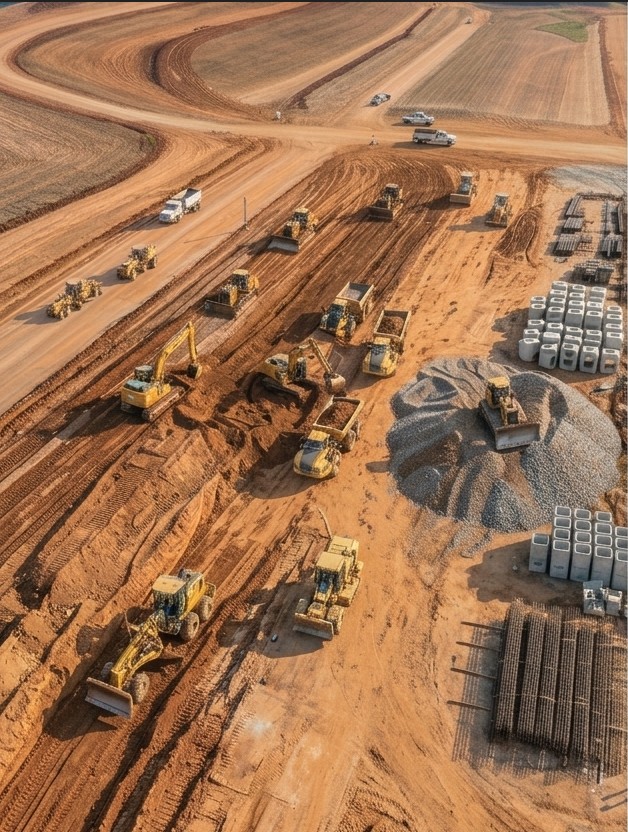 Aerial view of dozers, excavators, and heavy earthmoving equipment operating on a large commercial construction site